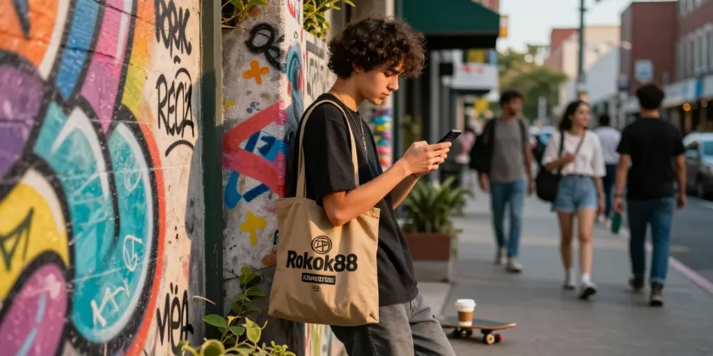 Stylish individual with rokok88 merchandise bag in urban street setting, showcasing modern fashion and lifestyle.
