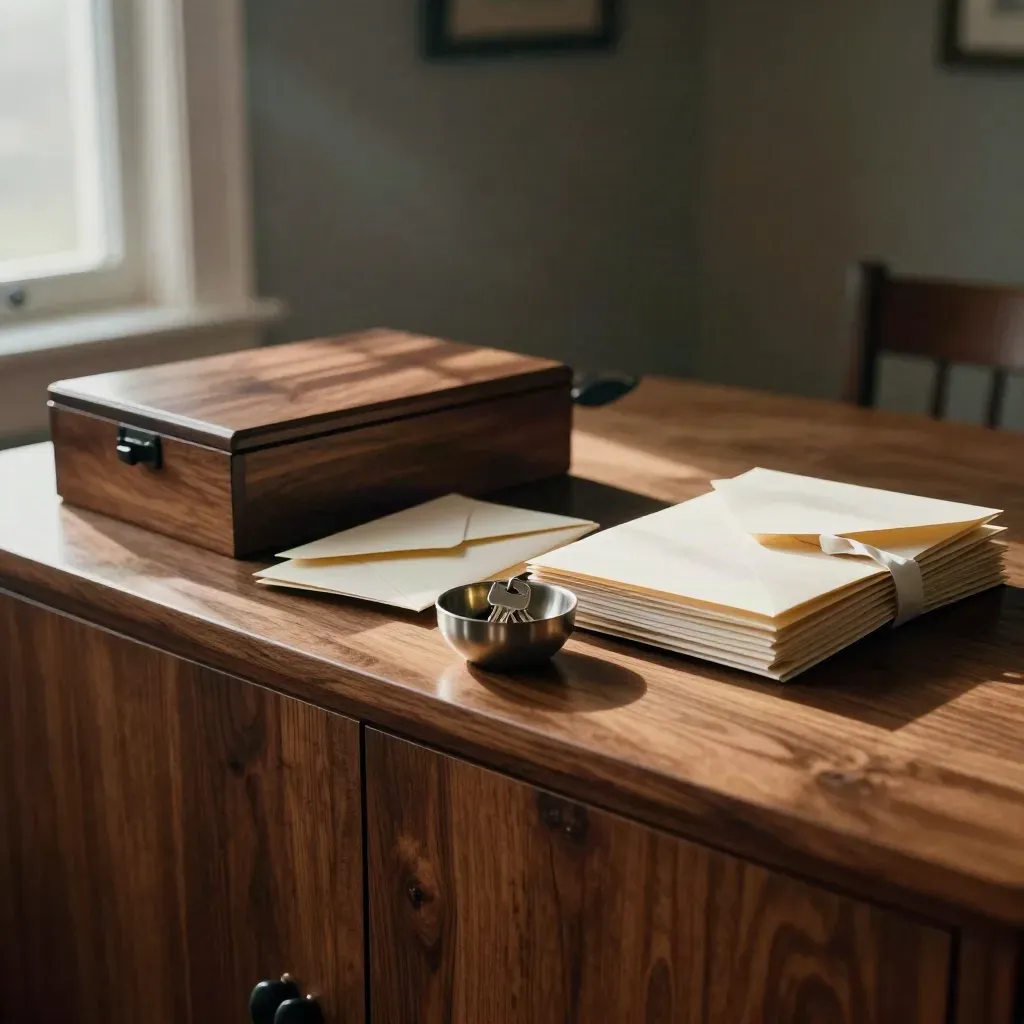 Cedar keepsake box, key bowl, and ribbon-tied estate files on a walnut credenza in late window light.