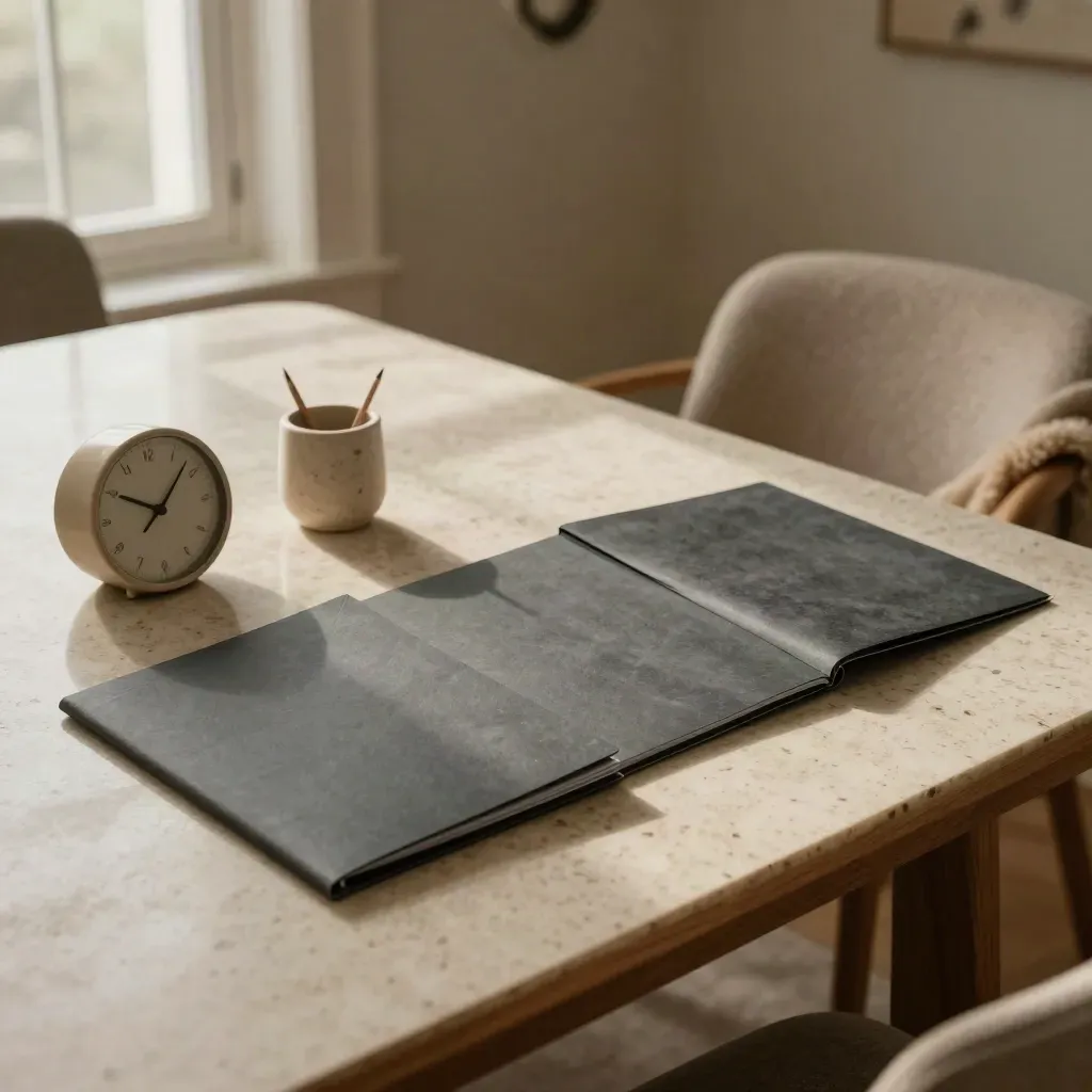 Slate folders, ceramic clock and pencil cup on a travertine table beside a boucle armchair.