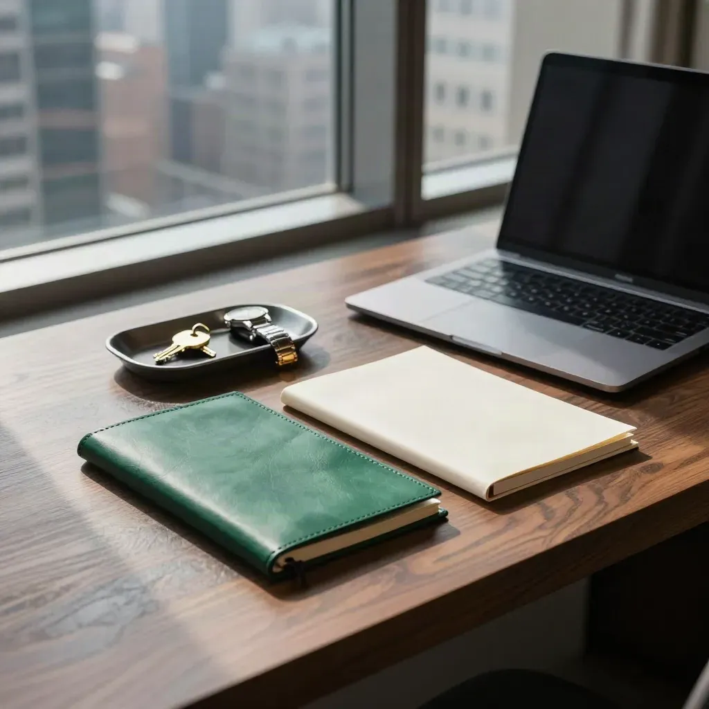 Downtown wealth-management desk with closed laptop, key tray, watch, and emerald portfolio sleeves by a city window