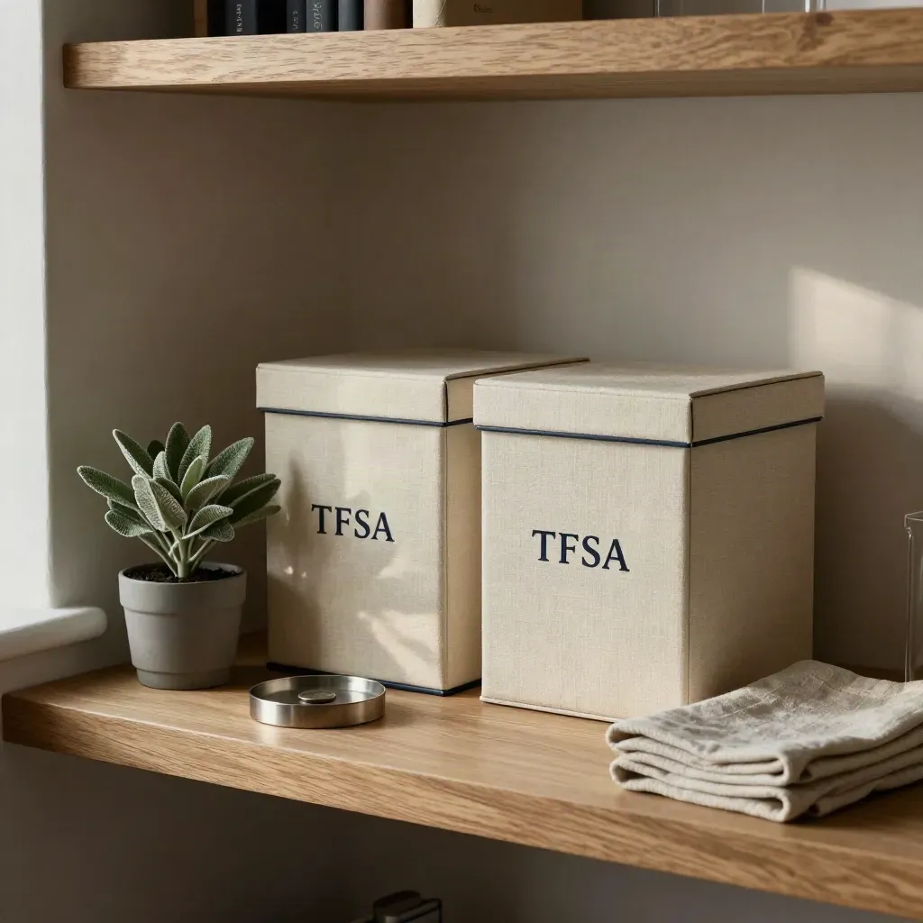Two ivory savings boxes on a shelf with a plant, coin dish and folded linen in cool window light.