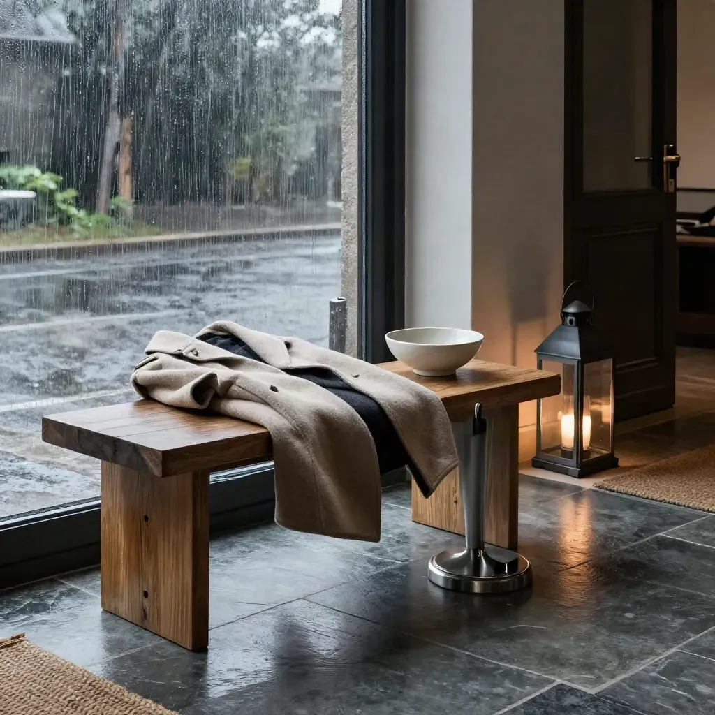 Rainy foyer with bench, umbrella stand, key bowl, wool coat, and lantern by a glass door.