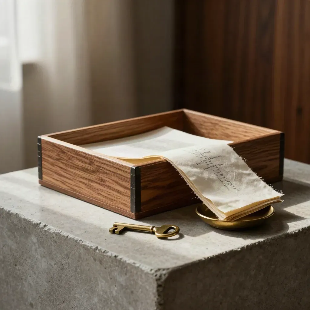 Cedar file box with ribbon-tied papers, brass key, and keepsake dish on a stone side table.
