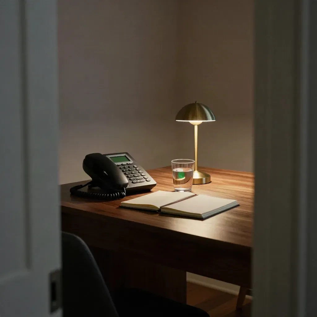 Low doorway view of a meeting table with a desk phone, notebooks, water glass and lamp at dusk.