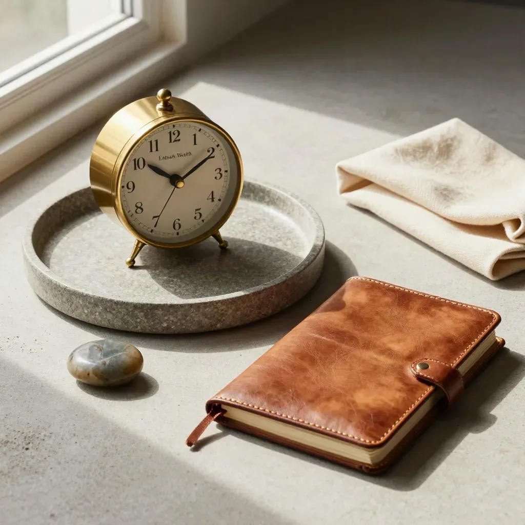 Brass clock, stone weight and leather notebook on a round stone tray
