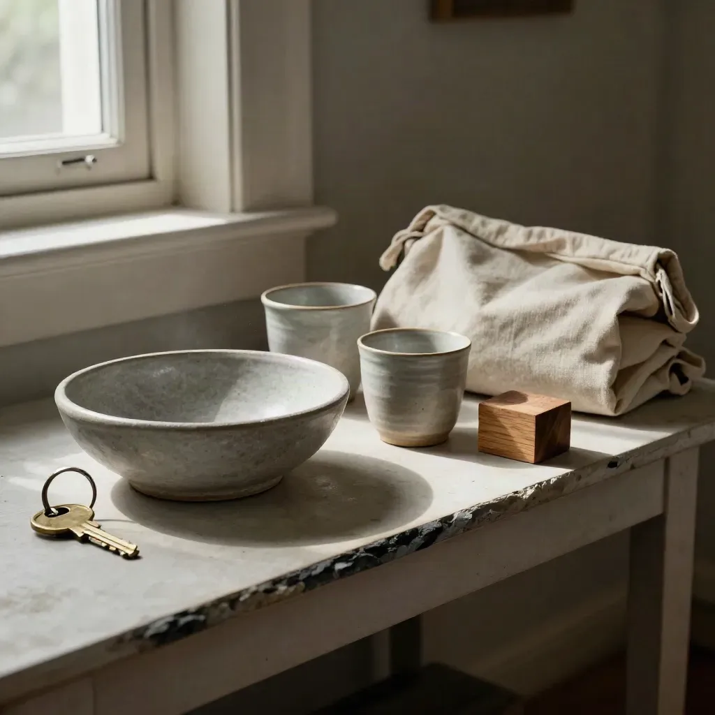 Key bowl, cups, canvas bag and cedar block on a hallway console in soft morning light.