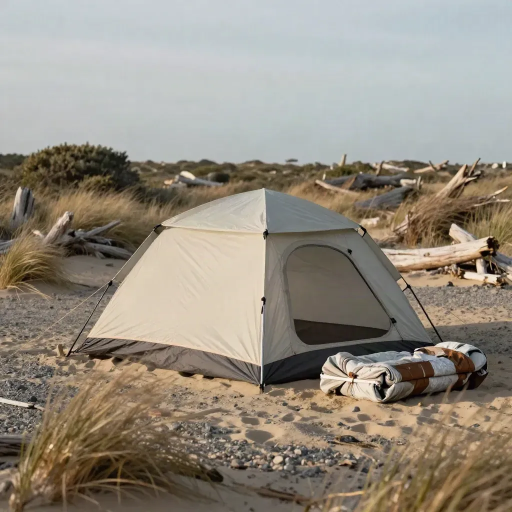 Windy beachside tent pitch with fly, poles, stakes and bundled rainfly in scrub