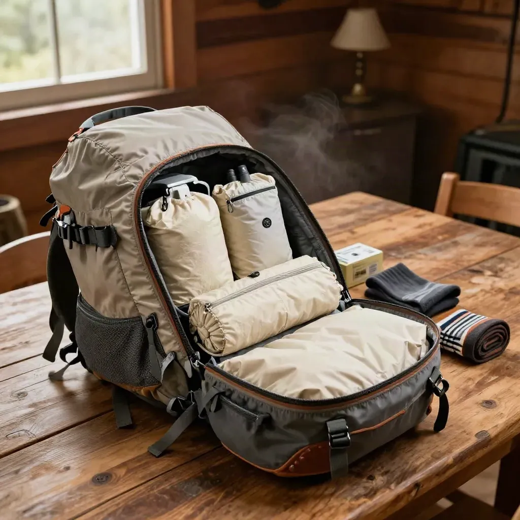 Overhead open hiking backpack packed with camping essentials on a rustic cabin table.