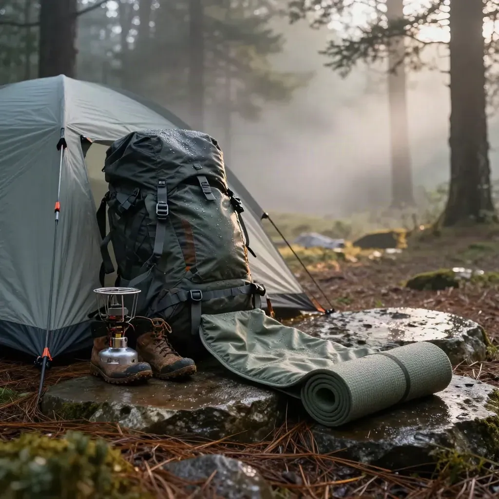 Rain-soaked campsite gear beside a misty forest tent at dawn.