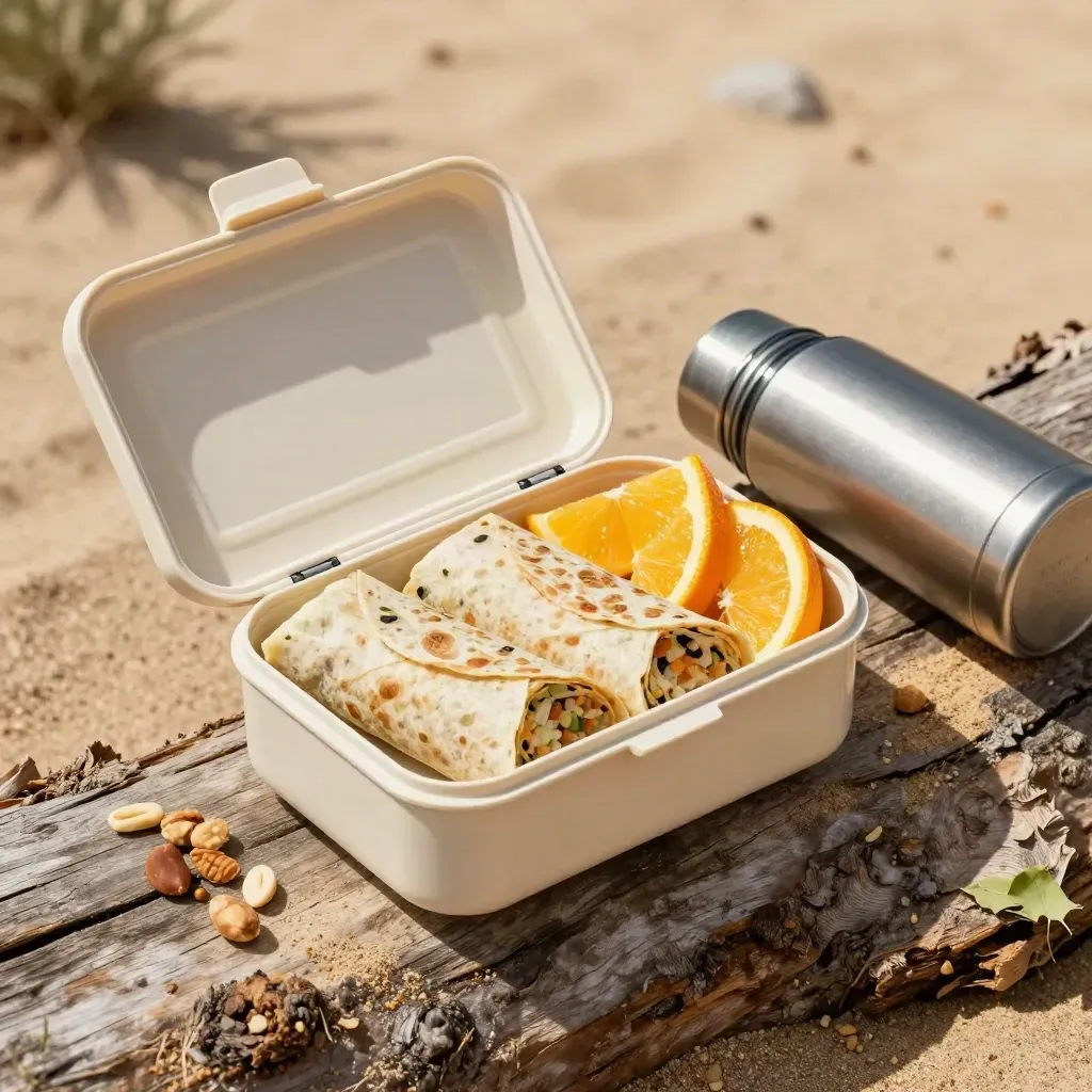 Overhead lunch kit on a sunlit log with wraps, citrus wedges, nuts, and a thermos.
