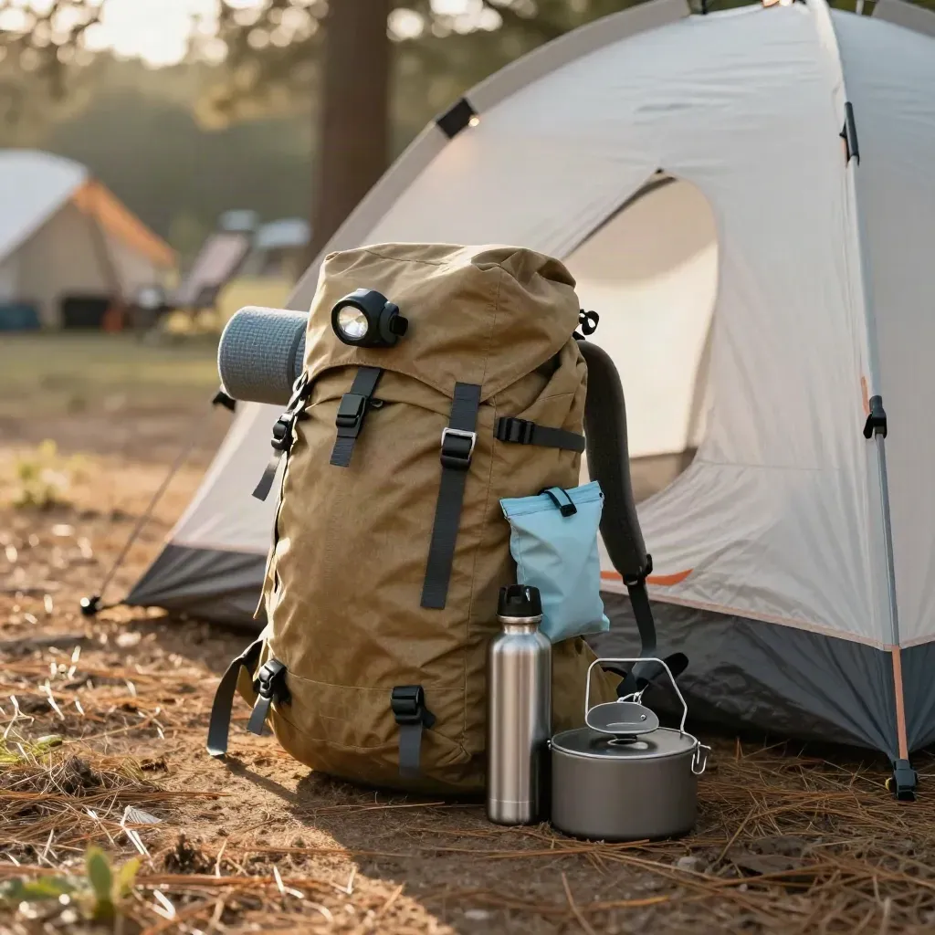Backpacking kit laid out beside a tent on dirt, with soft late afternoon light and dust in the air.