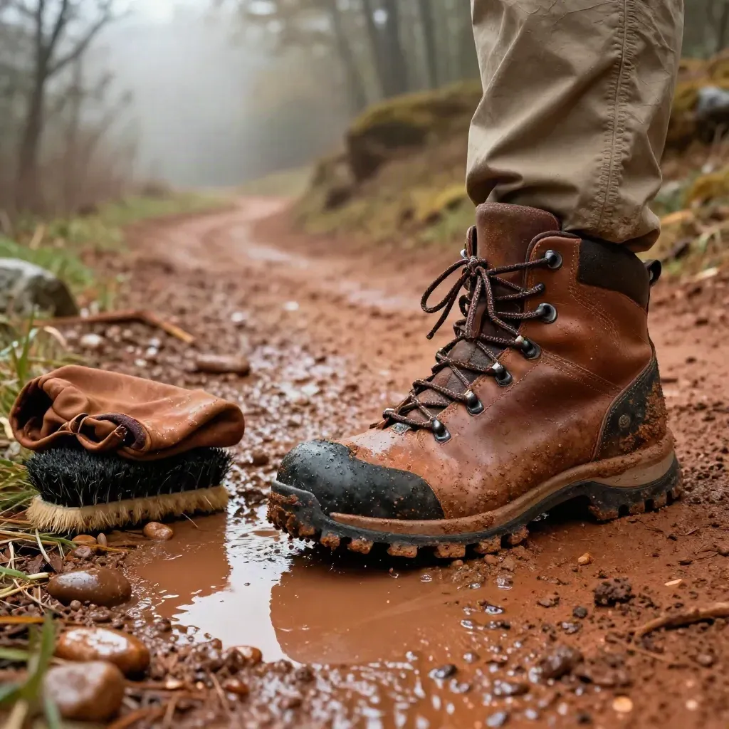 Muddy hiking boots at a wet trail edge beside a puddle and brush, close on the tread.