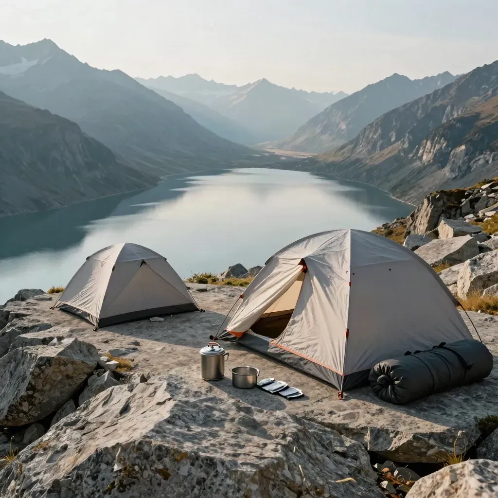 Alpine lake campsite with two tents, bear canister, dinner kit, and sleeping bags under high peaks.