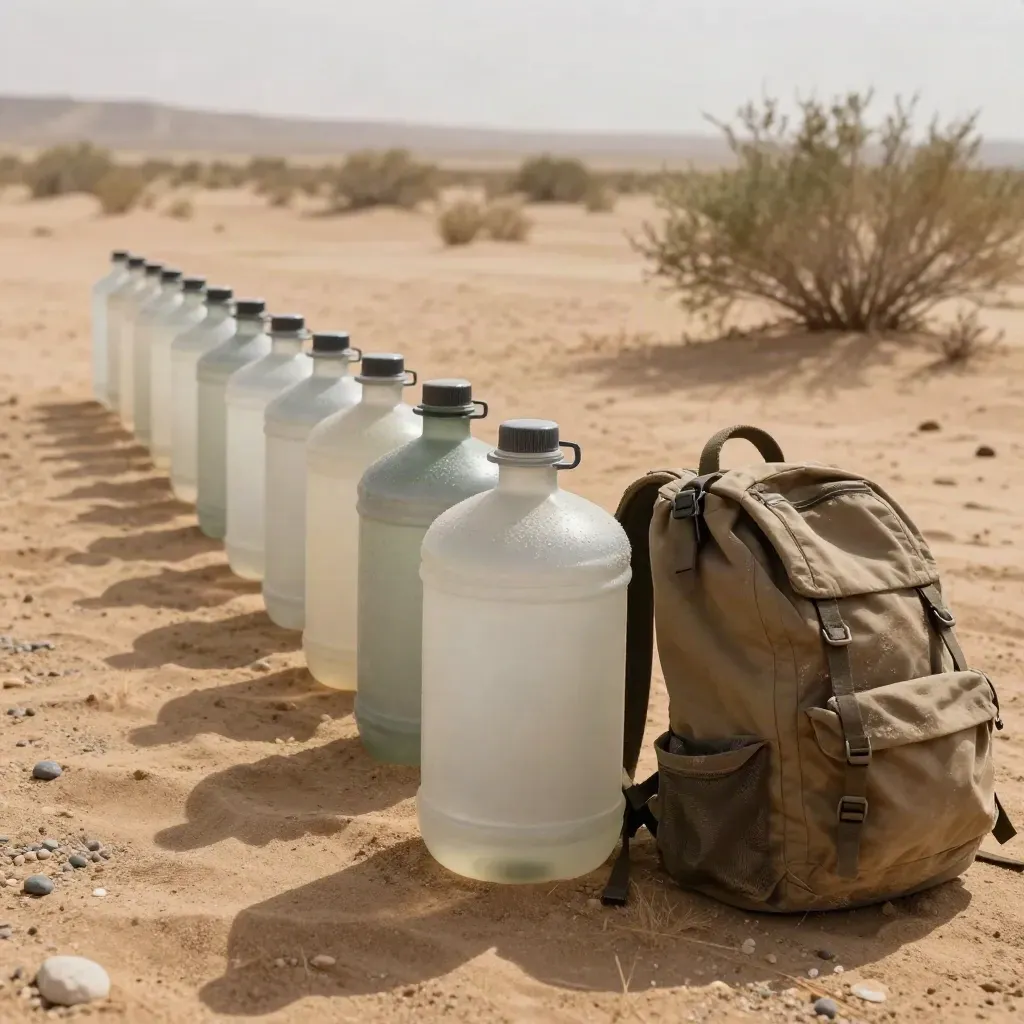 Water jugs and a sun-bleached pack in desert shade beside mesquite scrub.