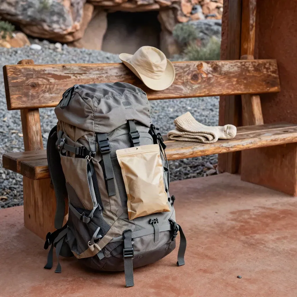 Ultralight pack, food pouch, sun hat, and socks staged on a trailhead bench at dawn.