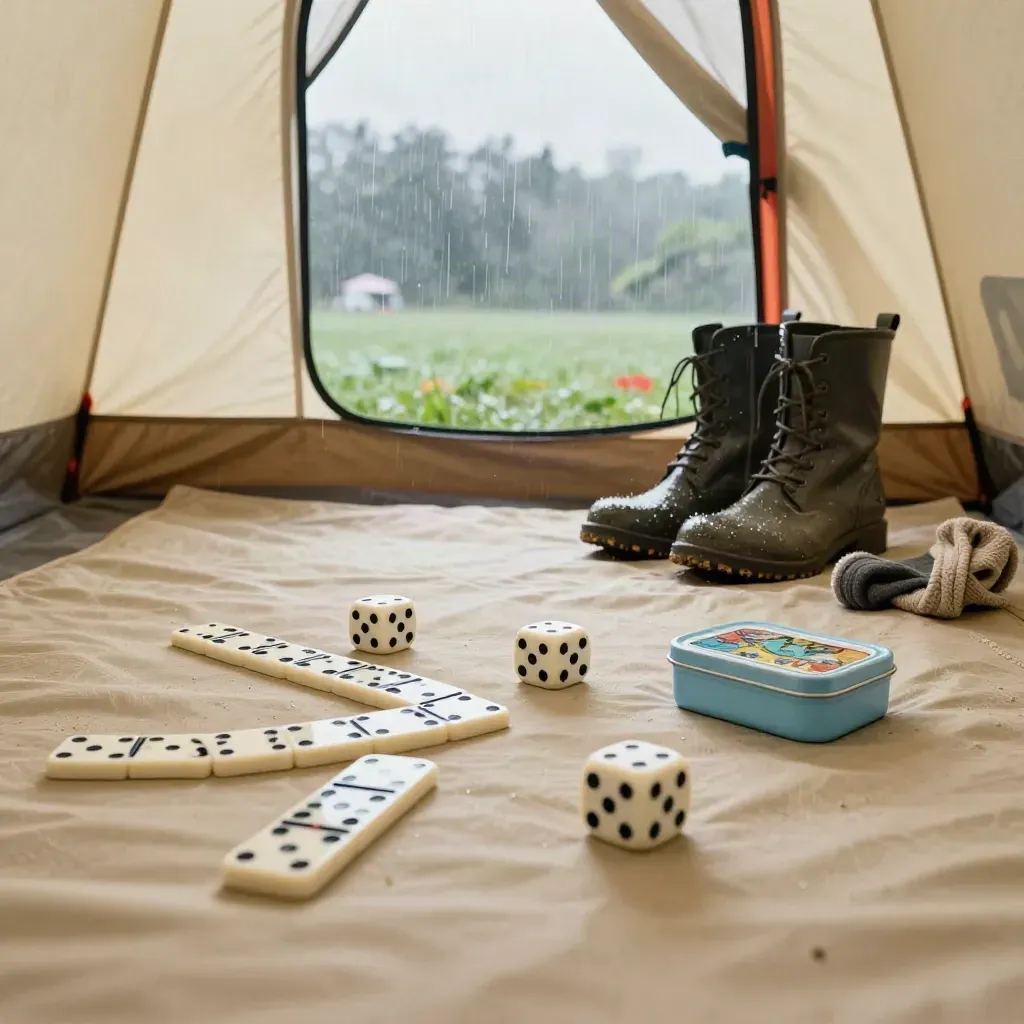 Rainy tent game with dice, domino tiles, puzzle tin, and wet boots by the glowing doorway.