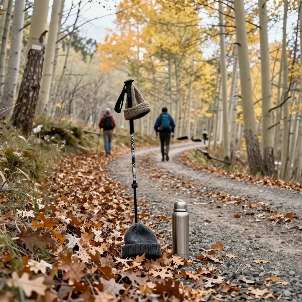Trail bend with trekking pole, beanie, thermos, and aspen leaves in crisp autumn wind.