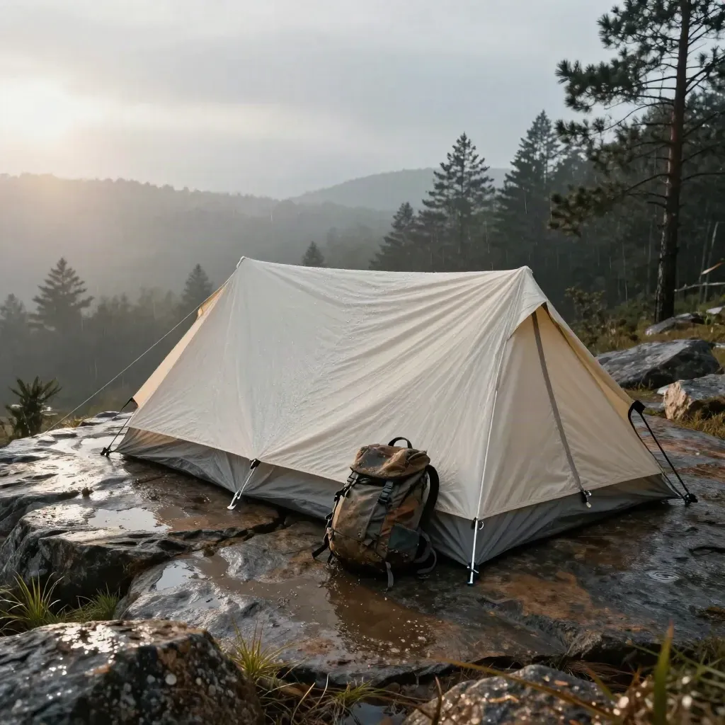 Rain-flecked tent drying on rocks with guy lines, stakes, and backpack after a storm.