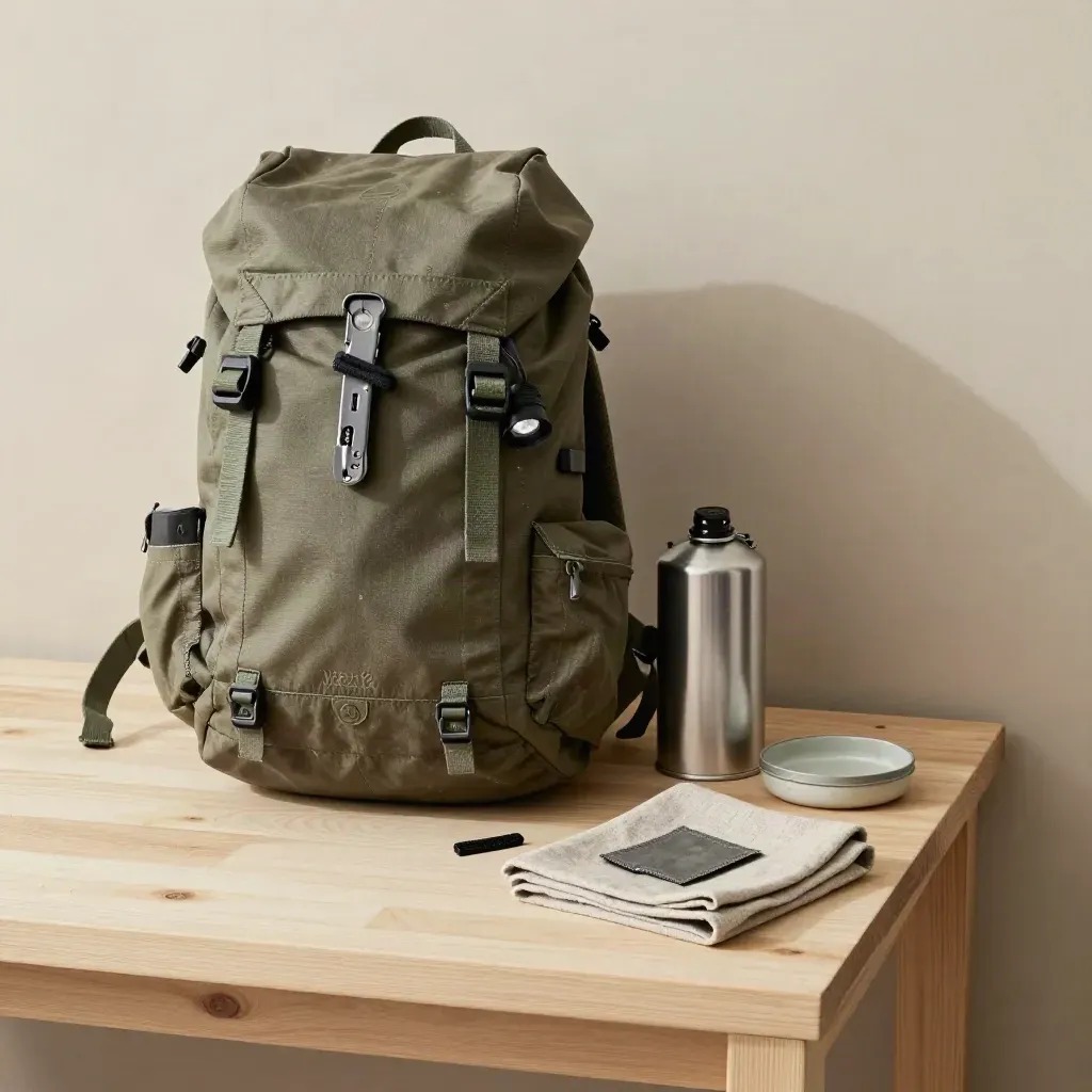 Top-down gear pouch with multitool, headlamp, fuel canister and repair kit on pale wood.